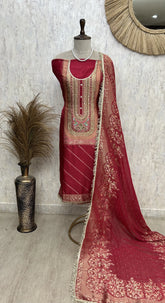 "Buy Unstitched Suit Set Online – Maroon Banarasi Silk Suit with Zari Embroidery and Woven Dupatta"