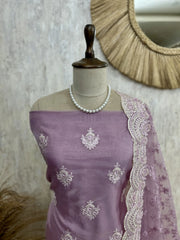 Glass Organza Unstitched Suit Set With Glass Organza Dupatta