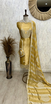 Brocade Silk Unstitched Suit Set Comes With Handy Potli & Featuring Organza Dupatta