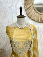 Brocade Silk Unstitched Suit Set Comes With Handy Potli & Featuring Organza Dupatta