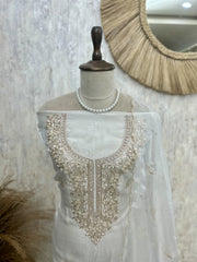 Glass Organza Unstitched Suit Set With Glass Organza Dupatta Featuring Hand Work