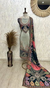 Crepe Unstitched Suit Set Featuring Chinnon Dupatta