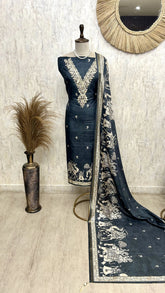 Tussar Silk Unstitched Suit Set With Tussar Silk Dupatta