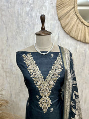 Tussar Silk Unstitched Suit Set With Tussar Silk Dupatta