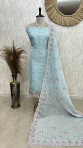 Organza Unstitched Suit Set With Thread Work Flamingo Motif