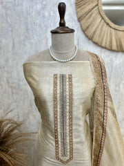 Tussar Silk Unstitched Suit Set With Tussar Silk Dupatta