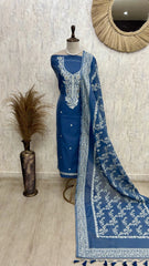 Indigo Jamdani Unstitched Suit Set Featuring Zari Work On Neckline