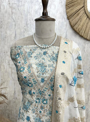 Pearl Work Neckline Maheshwari Unstitched Suit Set