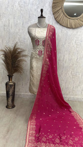 Zardosi & Pearl Work Dola Silk Unstitched Suit Set