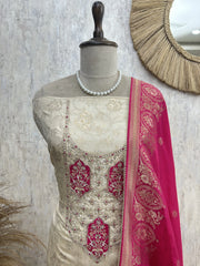 Zardosi & Pearl Work Dola Silk Unstitched Suit Set