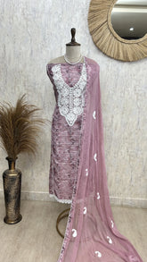 Crochet Lace Jamdani Linen Unstitched Suit Set