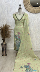 Kantha Work Elephant Print Jamdani Linen Unstitched Suit Set