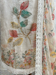 Printed Organza Unstitched Suit Set With Chiffon Dupatta Featuring Zari Work