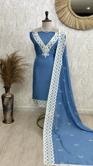 Muslin Unstitched Suit Set With Applique Work