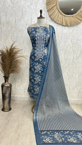 Floral Print Jamdani Linen Unstitched Suit Set