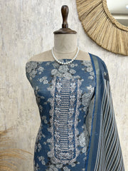 Floral Print Jamdani Linen Unstitched Suit Set