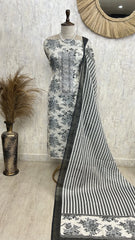 Floral Print Jamdani Linen Unstitched Suit Set