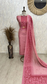 Jamdani Linen Unstitched Suit Set With Deer Motif