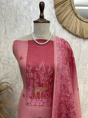 Jamdani Linen Unstitched Suit Set With Deer Motif