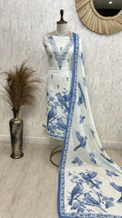 Bird Print Jamdani Linen Unstitched Suit Set