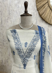 Bird Print Jamdani Linen Unstitched Suit Set