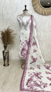 Bird Print Jamdani Linen Unstitched Suit Set