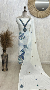 Parrot Motif Jamdani Linen Unstitched Suit Set