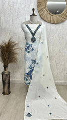 Parrot Motif Jamdani Linen Unstitched Suit Set