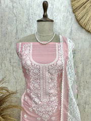 Thread Embroidered Neckline & Floral Motif Kota Unstitched Suit Set