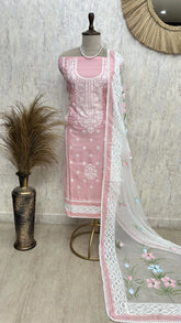 Thread Embroidered Neckline & Floral Motif Kota Unstitched Suit Set