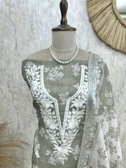 Thread Embroidered Neckline Jamdani Linen Unstitched Suit Set