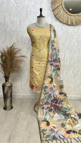 Elegant Thread Embroidered Jamdani Linen Unstitched Suit Set