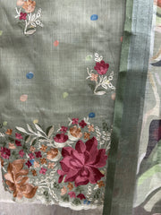 Elegant Thread Embroidered Jamdani Linen Unstitched Suit Set