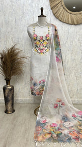 Refined Thread Embroidery Jamdani Linen Unstitched Suit Set