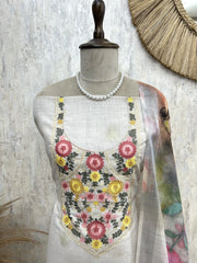 Refined Thread Embroidery Jamdani Linen Unstitched Suit Set
