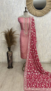 Tissue Unstitched Suit with Parsi Embroidered Dupatta