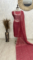 Tissue Linen Unstitched suit with Pita work