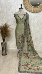 Parrot Motif Kantha Jamdani Linen Unstitched Suit Set