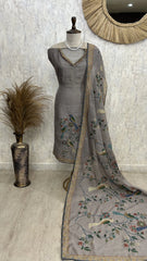 Parrot Motif Kantha Jamdani Linen Unstitched Suit Set