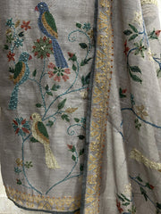 Parrot Motif Kantha Jamdani Linen Unstitched Suit Set