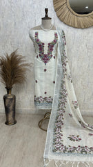 Thread Embroidered Jamdani Linen Unstitched Suit Set