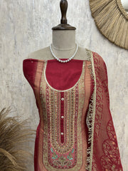 Banarasi Silk Unstitched Suit Set With Zari Work