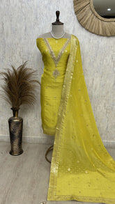 Tissue Unstitched Suit Set With Mirror Work on Neckline