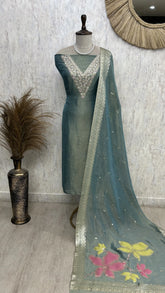 Tissue Silk Unstitched Suit Set With Zardozi Work