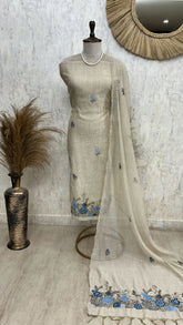 Hem Thread Work Jamdani Linen Unstitched Suit Set