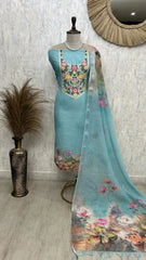 Refined Thread Embroidery Jamdani Linen Unstitched Suit Set