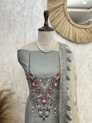 Handcrafted Linen Unstitched Suit with French Knots