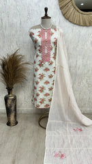 Linen Unstitched Suit Set With Lace Work