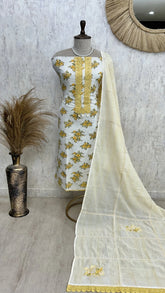 Linen Unstitched Suit Set With Lace Work