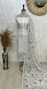 Jamdani Linen Unstitched Suit Set With Hand Work